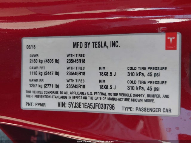 2018 TESLA MODEL 3 5YJ3E1EA5JF030796 Photo 8