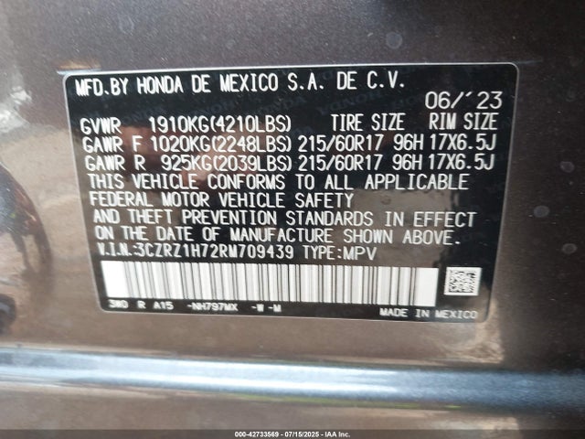 3CZRZ1H72RM709439 Honda k20z5