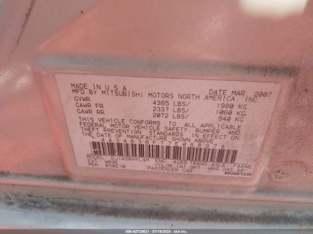 2007 MITSUBISHI GALANT 4A3AB36F77E068978 Photo 8