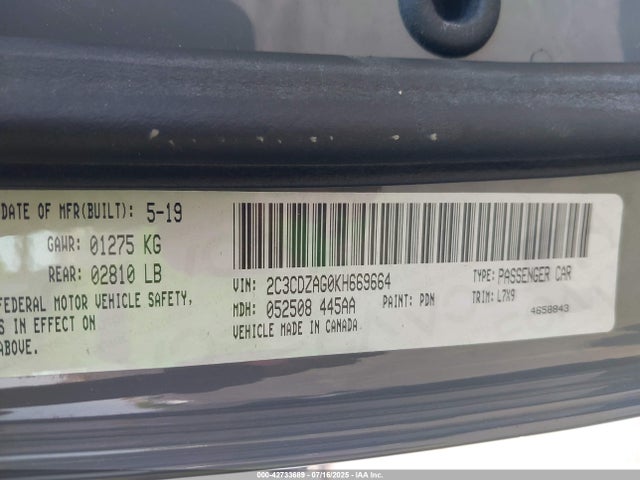 Dodge Challenger 2019 2C3CDZAG0KH669664 Image 9