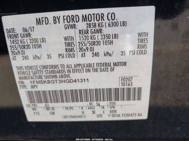 1FM5K8GT3HGD41311 Ford 3.5l gtdi