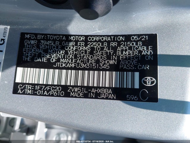 JTDKAMFU3M3151345 Toyota 2zr-fxe,1nm