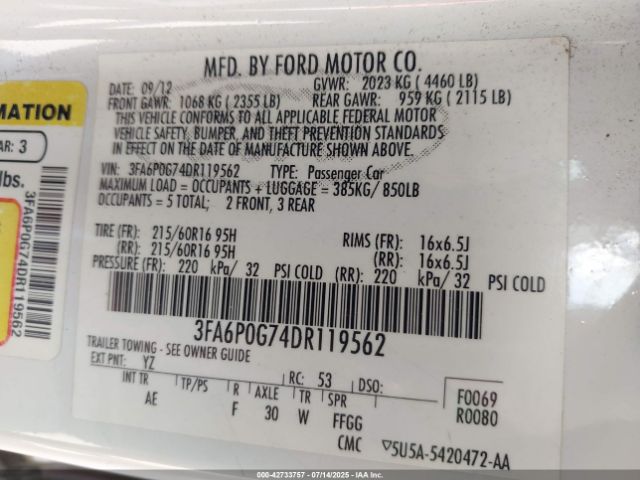 2013 FORD FUSION 3FA6P0G74DR119562 Photo 8