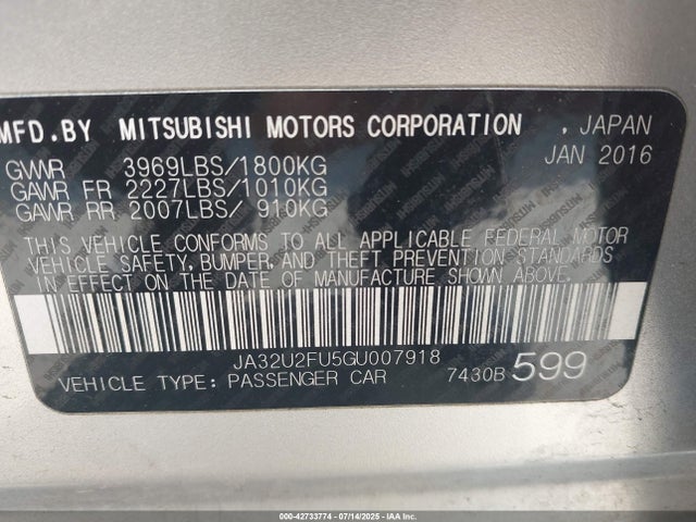 Mitsubishi dohc mivec 2016 JA32U2FU5GU007918 Image 9
