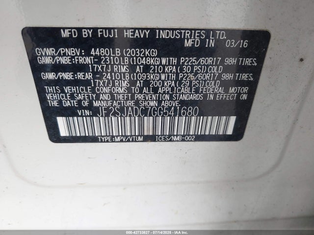Subaru naturally aspirated u5 2016 JF2SJADC7GG541680 Image 9