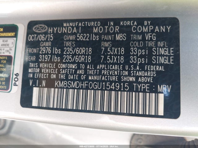 KM8SMDHF0GU154915 Hyundai gdi lambda ii