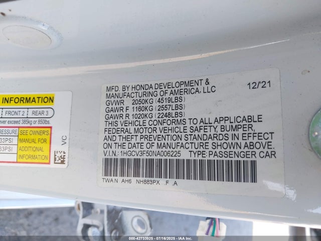 Honda lfb2 2022 1HGCV3F50NA006225 Image 9