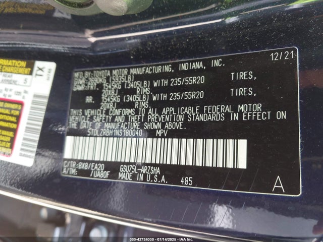 5TDLZRBH1NS180040 Toyota 2gr-fks