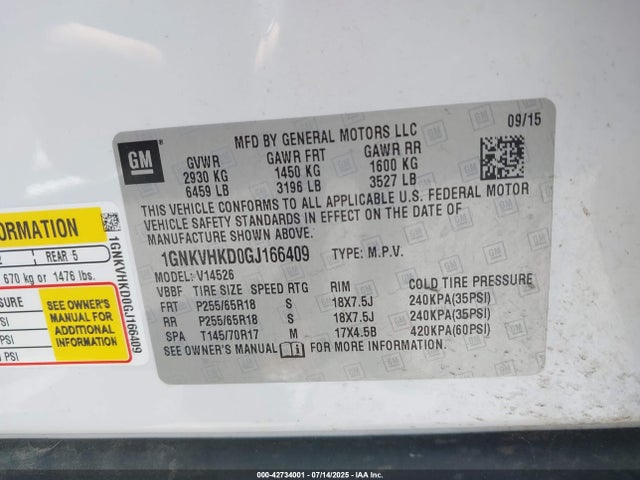 1GNKVHKD0GJ166409 Chevrolet llt - sidi, alum, 60 degrees