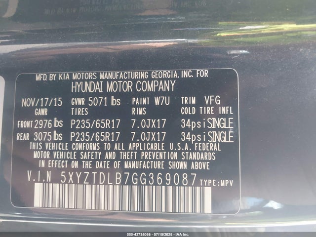5XYZTDLB7GG369087 Hyundai gdi theta ii