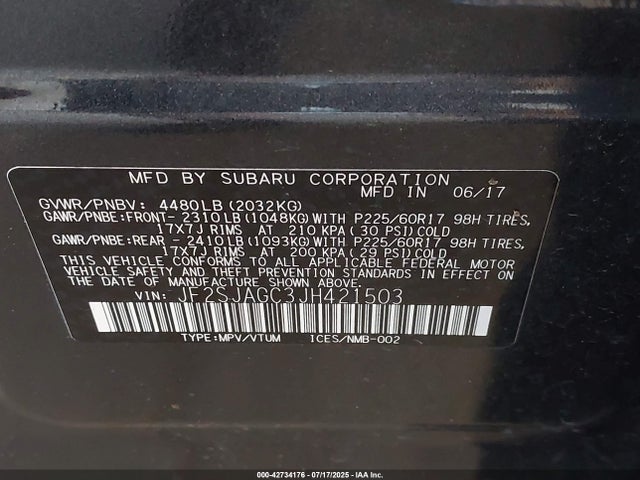 Subaru naturally aspirated u5 2018 JF2SJAGC3JH421503 Image 9