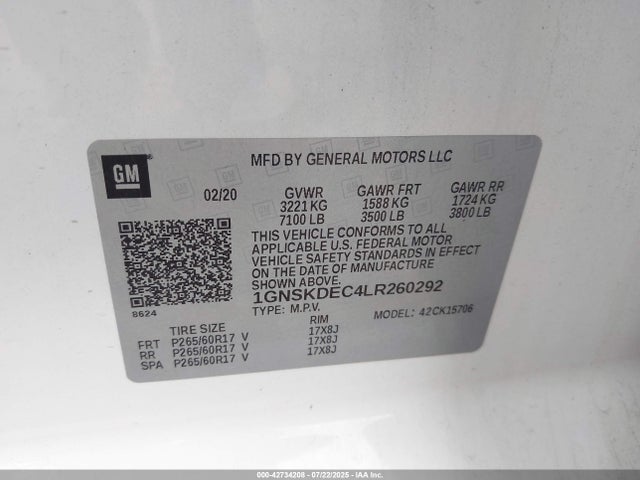 1GNSKDEC4LR260292 Chevrolet l83 - spark ignited direct injection, variable valve timing, afm, e85 max, alum