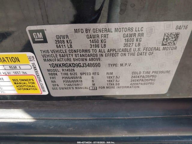 1GNKRGKD9GJ348690 Chevrolet llt - sidi, alum, 60 degrees