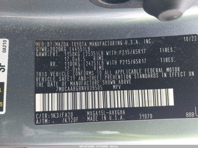 7MUCAABG8NV039505 Toyota m20a-fks