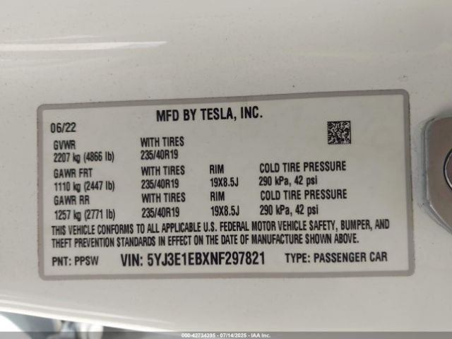 2022 TESLA MODEL 3 5YJ3E1EBXNF297821 Photo 8