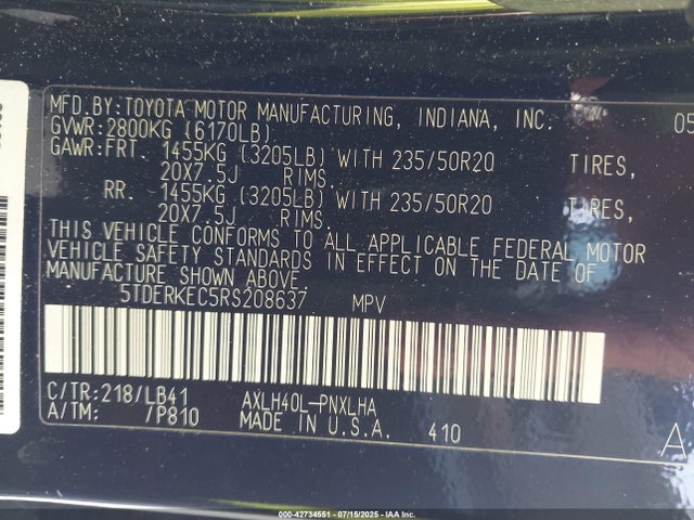Toyota a25a-fxs 2024 5TDERKEC5RS208637 Image 9