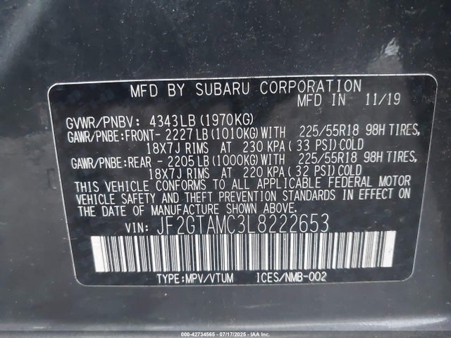 Subaru 2020 2020 JF2GTAMC3L8222653 Image 9