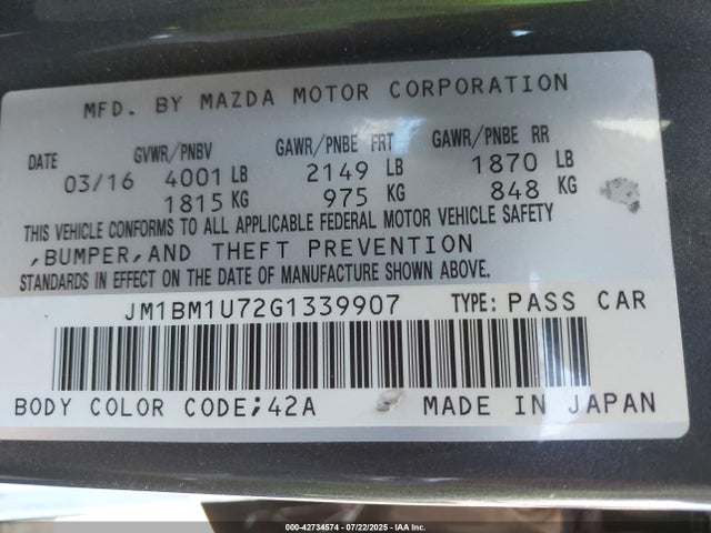 JM1BM1U72G1339907 Mazda pe