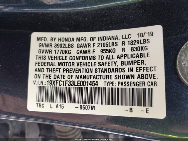 Honda l15b7 2020 19XFC1F33LE001454 Image 9
