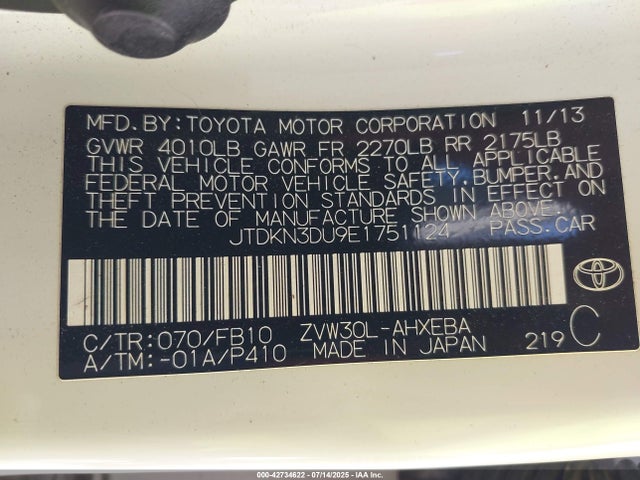 Toyota 2zr-fxe+3jm 2014 JTDKN3DU9E1751124 Image 9