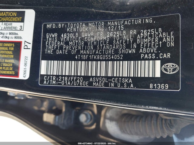 4T1BF1FK8GU554052 Toyota 2ar-fe