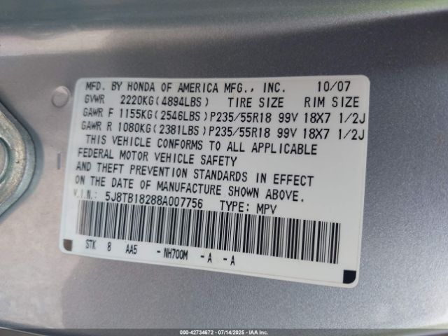 2008 ACURA RDX 5J8TB18288A007756 Photo 8