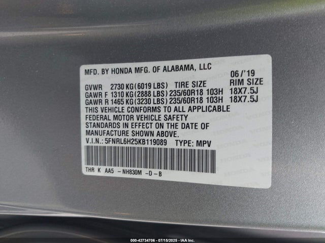 5FNRL6H25KB119089 Honda j35y7