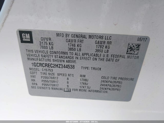 1GCRCREC2HZ344538 Chevrolet l83 - sidi: spark ignited direct injection, vvt: variable valve timing, afm, e85 max, alum