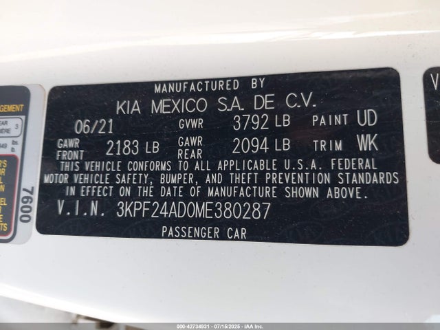3KPF24AD0ME380287 KIA mpi nu