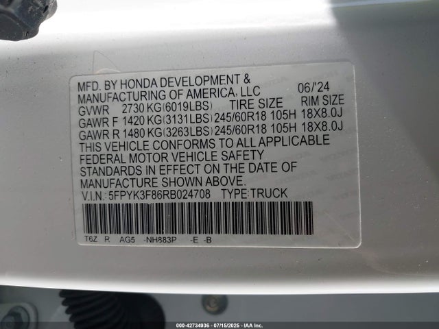 Honda j35y6 2024 5FPYK3F86RB024708 Image 9