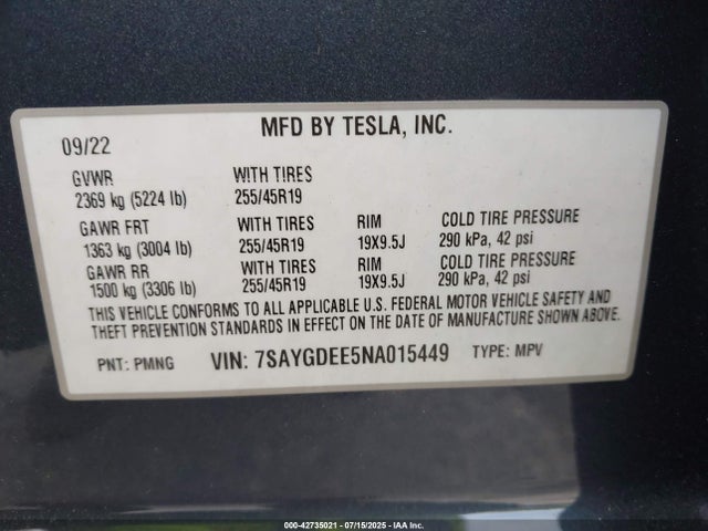 2022 TESLA MODEL Y 7SAYGDEE5NA015449 Photo 8