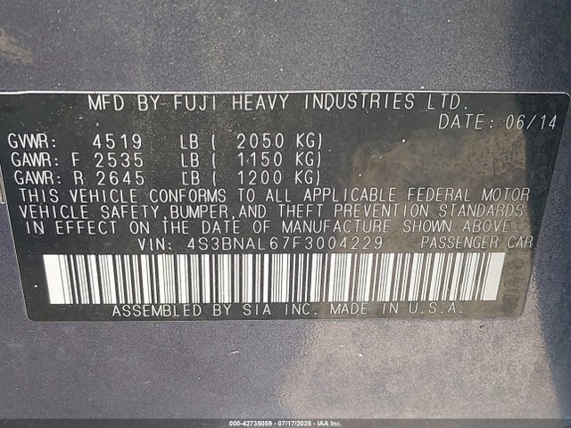 Subaru 2.5l u5 2015 4S3BNAL67F3004229 Image 9