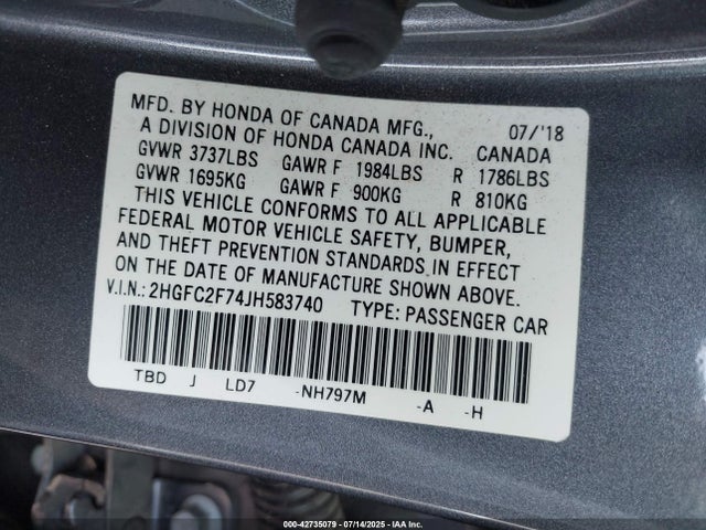 Honda k20c2 2018 2HGFC2F74JH583740 Image 9