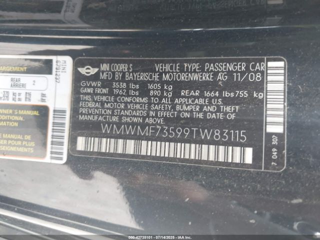 2009 MINI COOPER S WMWMF73599TW83115 Photo 8