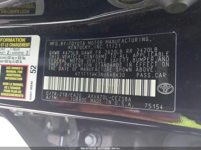 4T1T11AK3NU648430 Toyota a25a-fks
