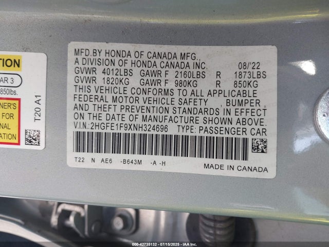2HGFE1F9XNH324696 Honda l15b7