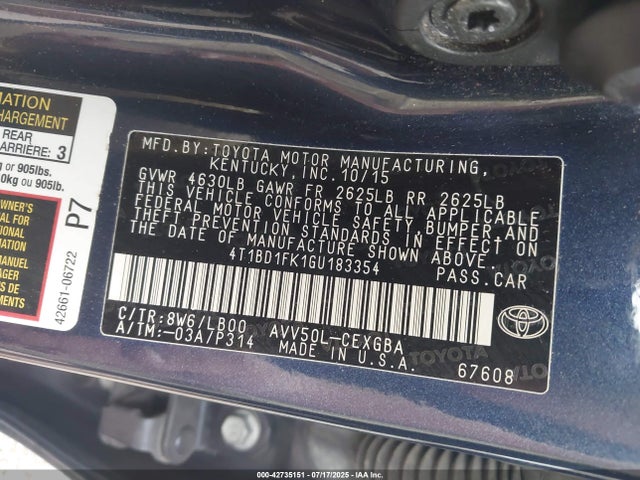 4T1BD1FK1GU183354 Toyota 2ar-fxe+2jm