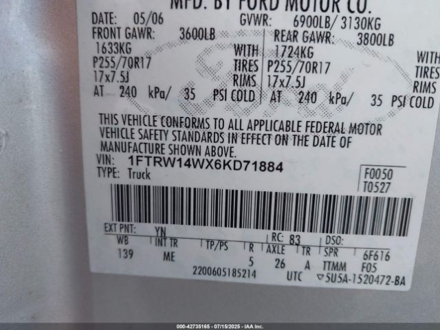 2006 FORD F-150 1FTRW14WX6KD71884 Photo 8