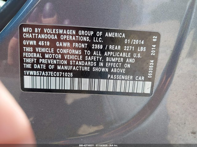 Aukcja sprzedaży 2014 Volkswagen Passat 1.8t Se, vin: 1VWBS7A37EC071025, numer aukcji: 42735221