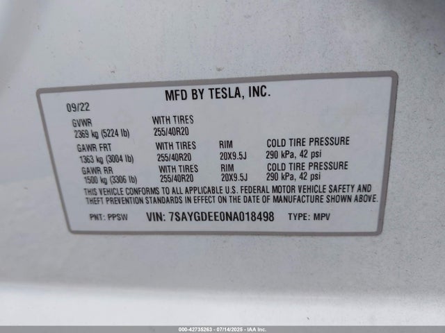 2022 TESLA MODEL Y 7SAYGDEE0NA018498 Photo 8