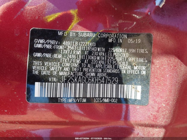 Subaru naturally aspirated u5 2019 JF2SKAGC6KH547529 Image 9
