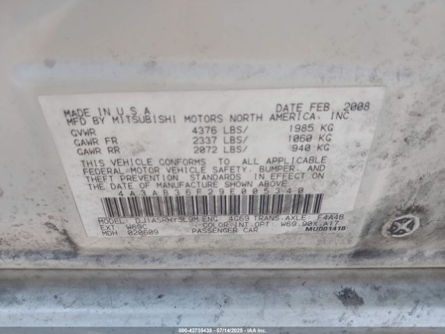 2009 MITSUBISHI GALANT 4A3AB36F29E005340 Photo 8