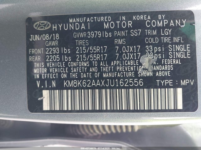 KM8K62AAXJU162556 Hyundai mpi nu