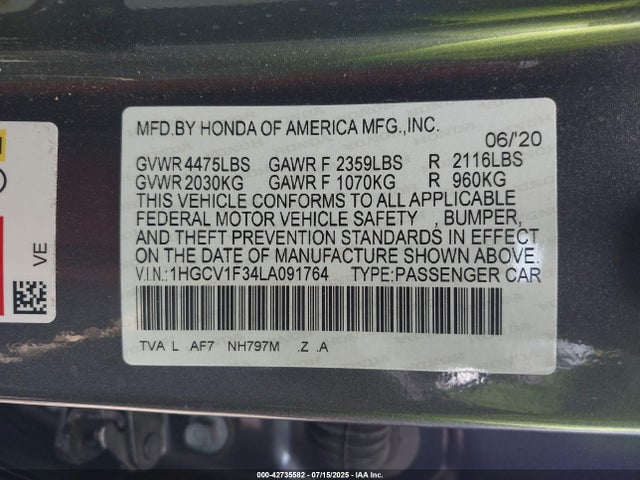 1HGCV1F34LA091764 Honda l15be