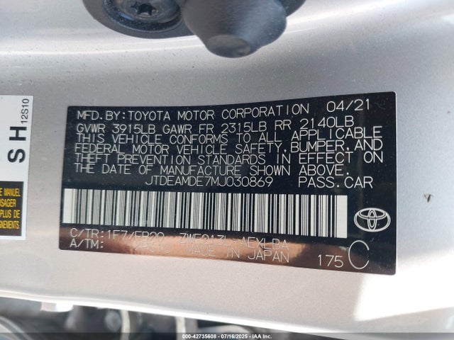 Toyota 2zr-fxe, 1nm 2021 JTDEAMDE7MJ030869 Image 9