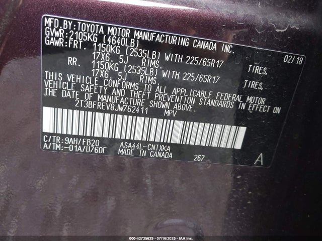 2T3BFREV8JW762411 Toyota 2ar-fe