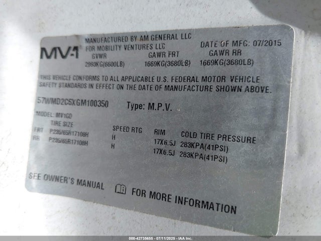 57WMD2C6XGM100350 Mobilityventure V6 Gasoline, 3.7 Liters, 275 Hp
