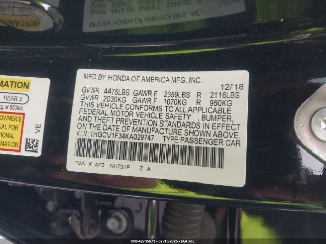 2019 HONDA ACCORD 1HGCV1F34KA029747 Photo 8