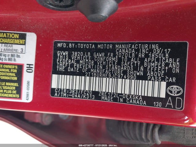 2T1BURHE9JC974990 Toyota 2zr-fe