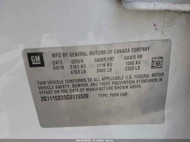 2G1115S33G9179309 Chevrolet lfx - sidi, vvt, e85 max, alum gm